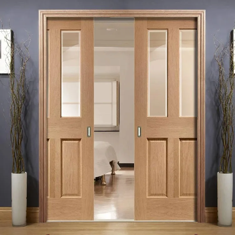 Custom exterior pocket timber doors kit design interior room glass solid wooden sliding hidden pocket door system with lock