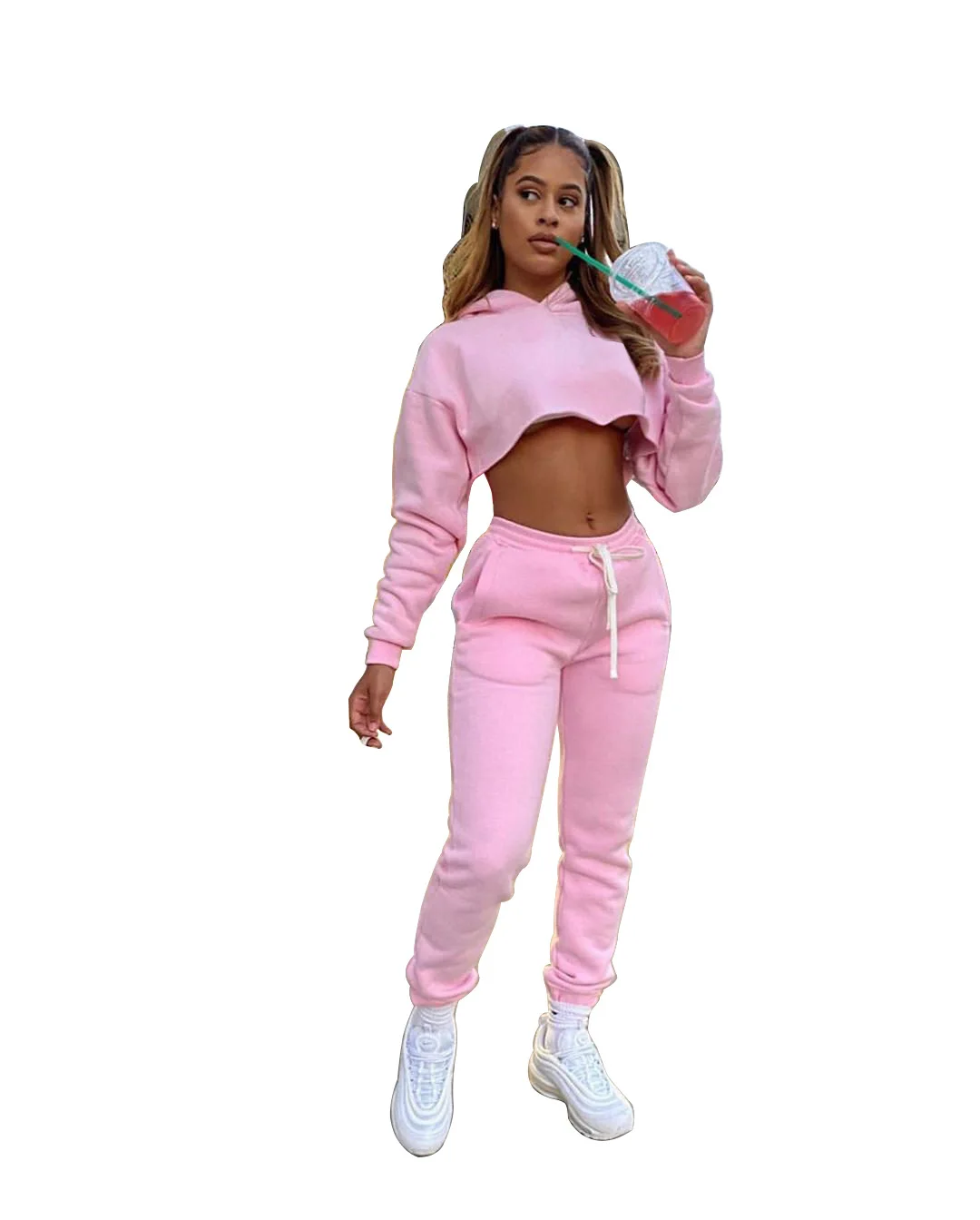 
2021 New Arrivals Fashion Plus Size Women Casual Hooded Long Sleeve Crop Waist Drawstring Pants Solid 2 Pieces Set Tracksuit 