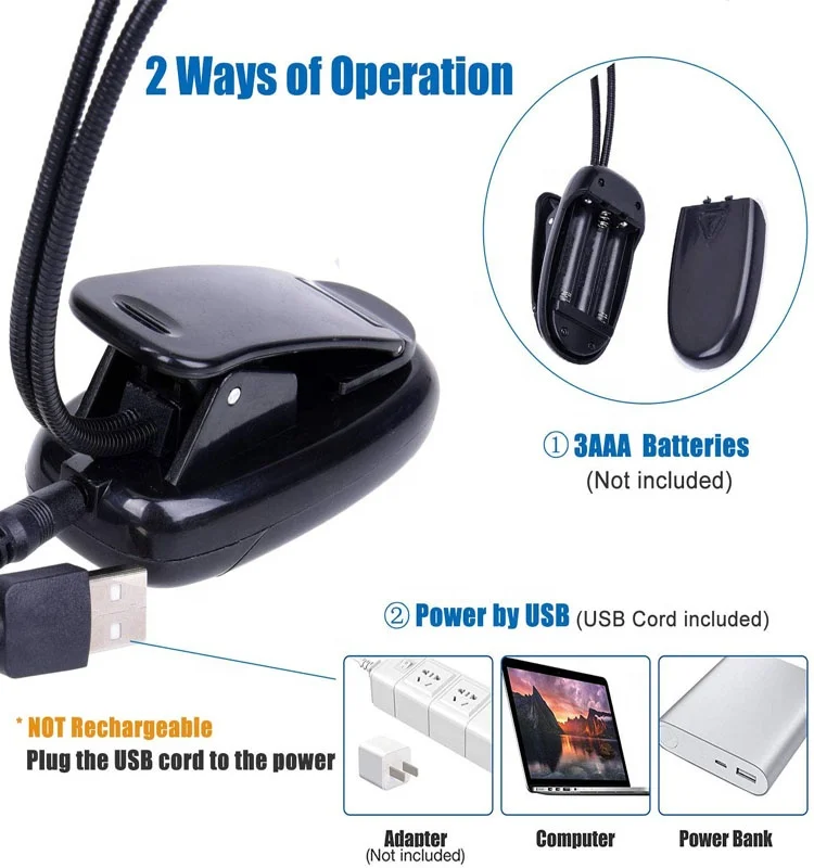 Music Stand Light Clip on LED Book Lights USB and AAA Battery Operated, Reading Lamp in Bed 4 Brightness Levels
