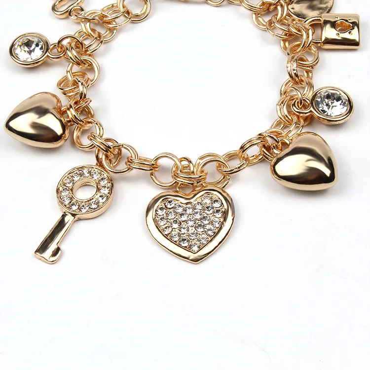 Wholesale Retro Diy Accessories Shiny Crystal Key Lock Heart Charm Bracelet For Women