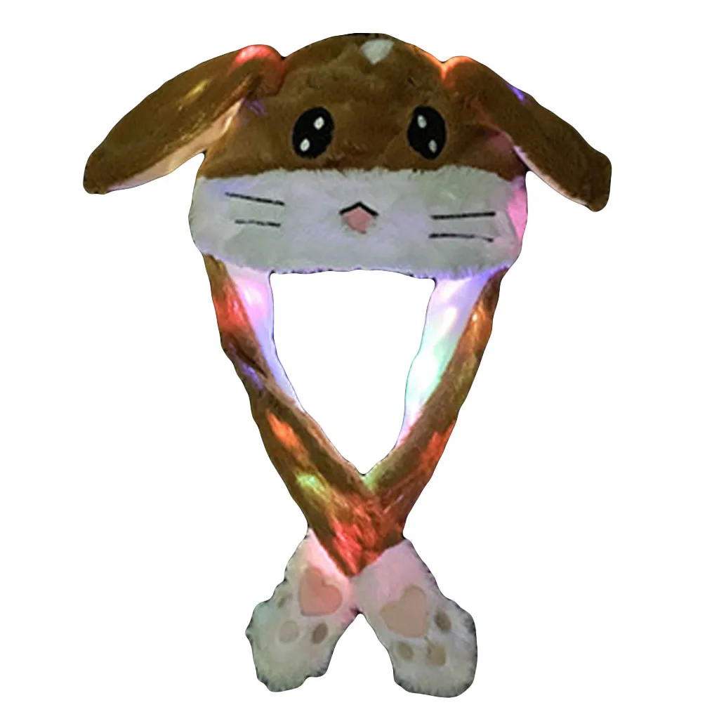 Adult Kids Light Up Plush Animal Hat with Moving Long Ears Cartoon Rabbit Bunny Panda LED Glowing EarflapCap Stuffed