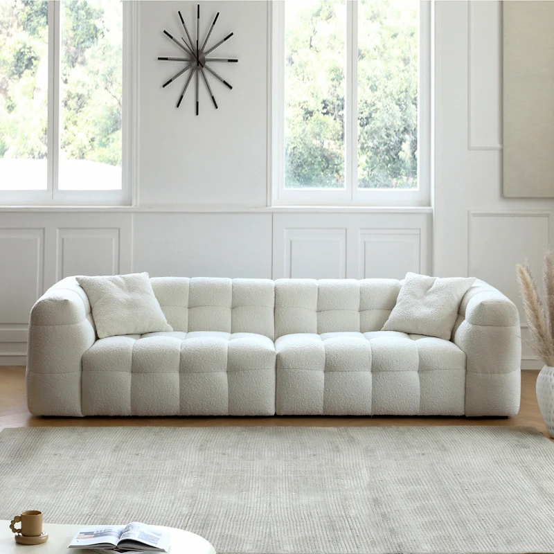 Modern Quiet Style Designer White Teddy Fleece Sofa Luxury Hotel Living Room Straight Three Seat White Lamb Fleece Sofa