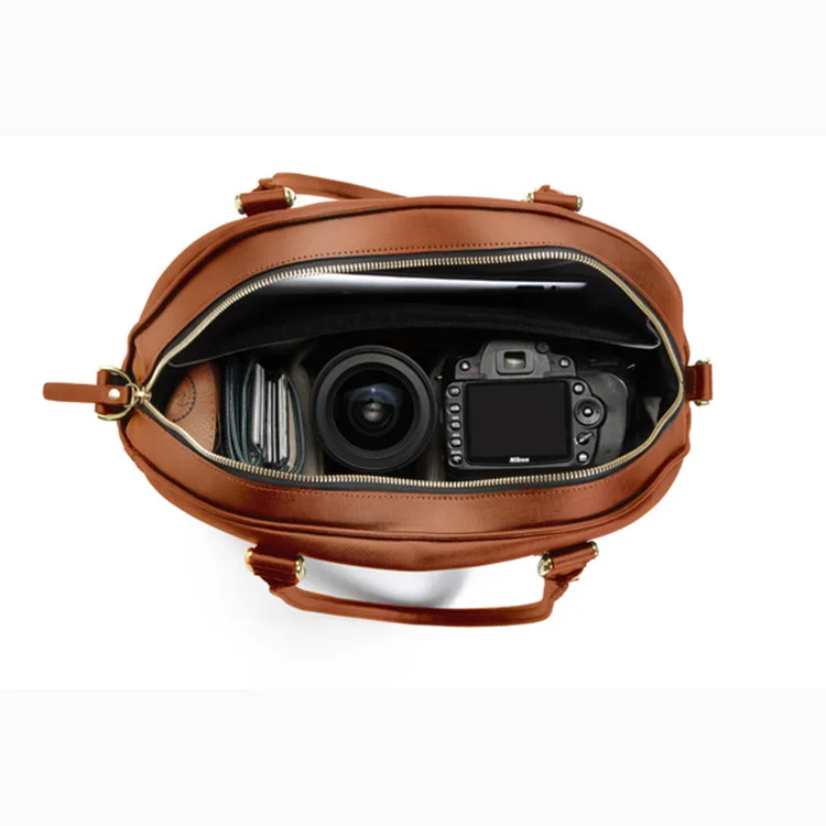 Elegant Fashion Lady Handbag Brown Vegan Leather Dslr Camera Bag