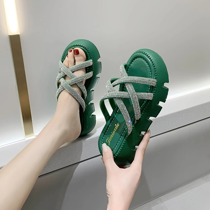 New arrival Thick Sole Wedge heeled sandals platform woman slipper thick bottom chunky Shoes with rhinestone