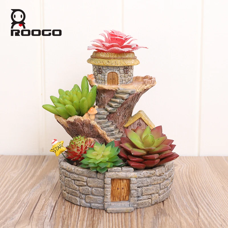ROOGO Rustic Resin Micro Landscape Tree House Cottage Tall Outdoor Planters With Bunny Statue
