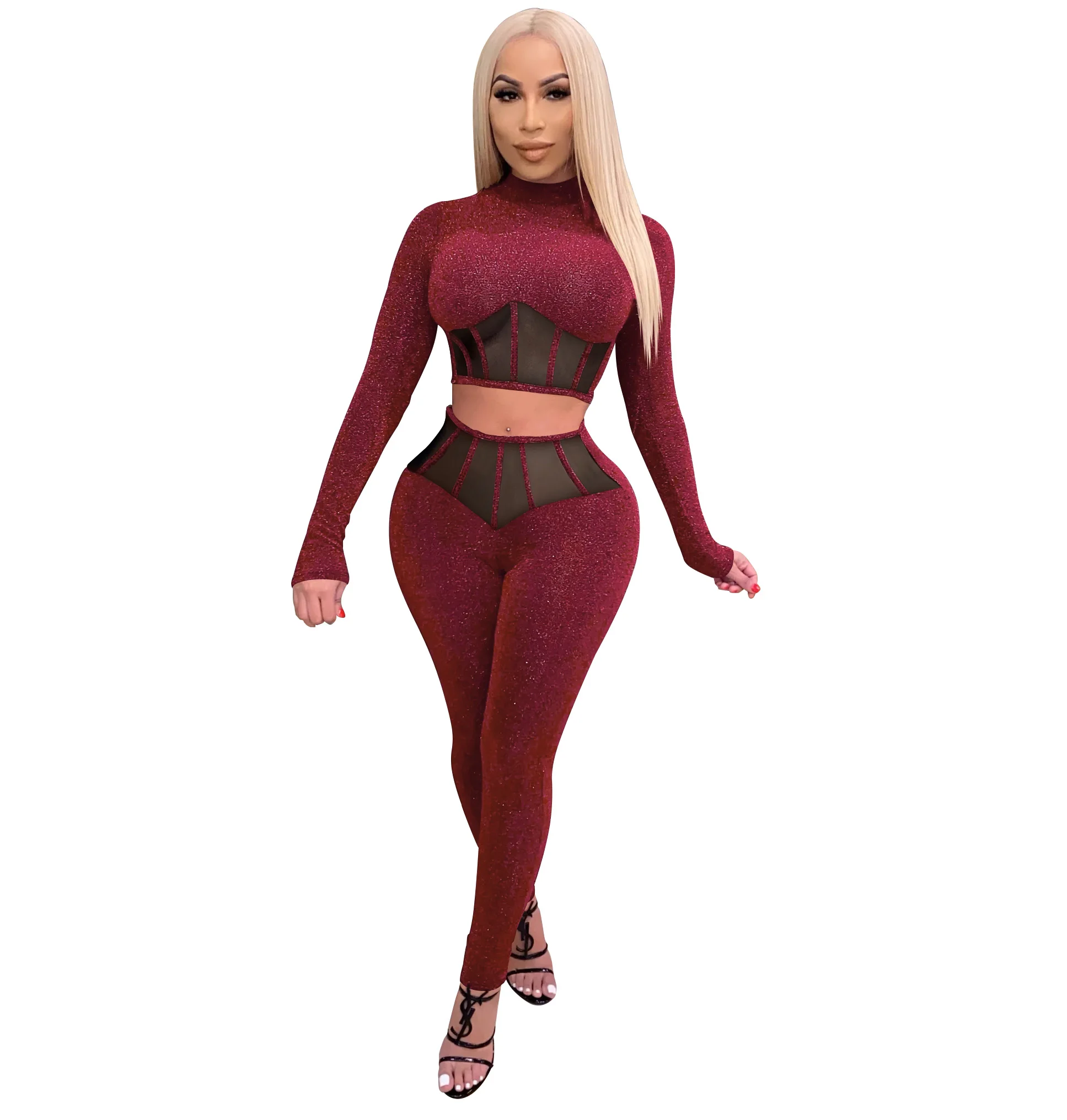 Осенне-зимний женский модный Блестящий однотонный сетчатый сексуальный костюм из двух предметов в европейском и американском стиле