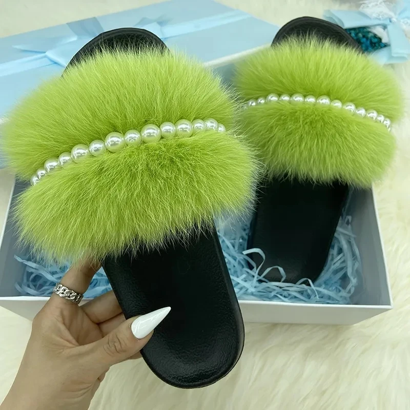 Fur Slides Woman Summer Pearl Chain Flip Flops Luxury Natural Furry Slippers For Women Ladies Indoor Home Flat Eva Slides