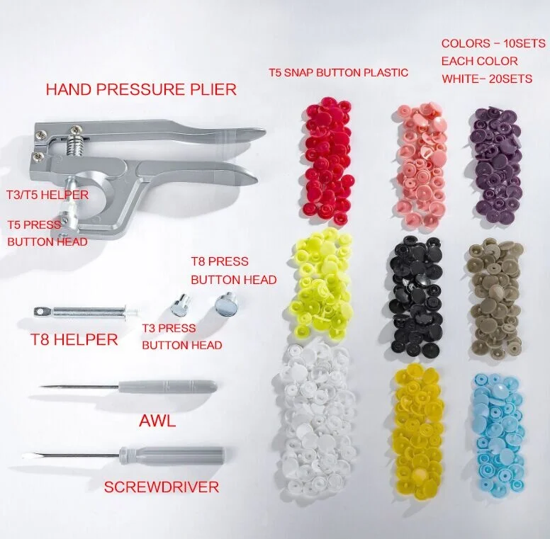 T3/T5 /T8/ Snap Button Plastic with Snaps Pliers and Organizer Storage Containers9colors100sets plastic buttons with tools