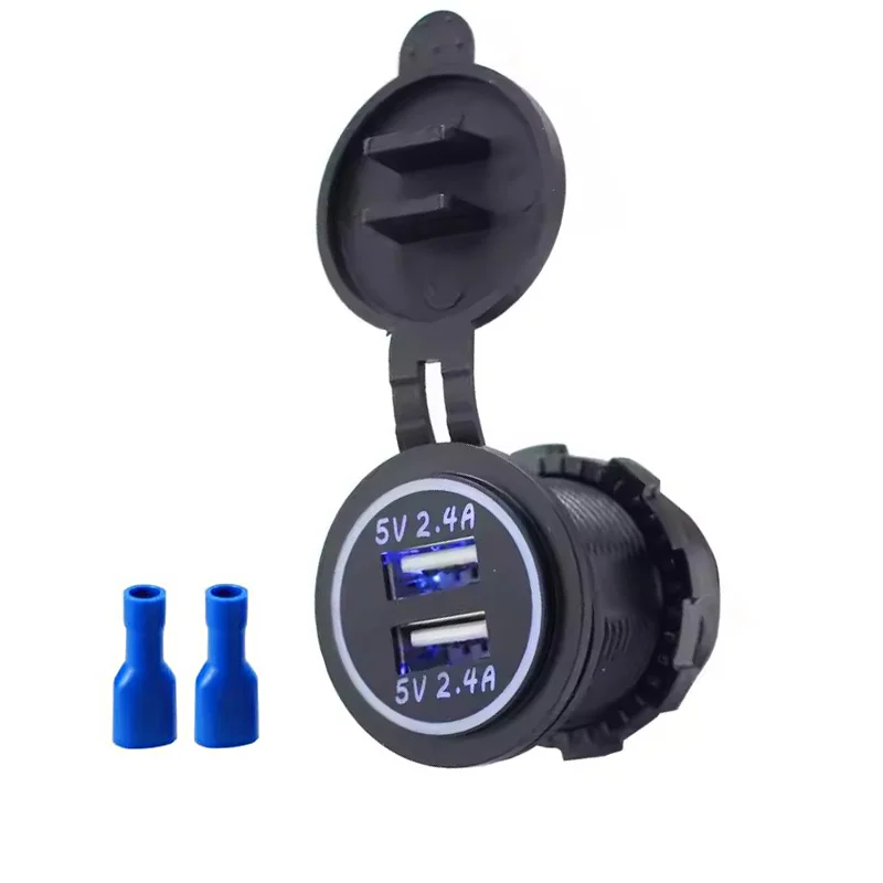 DC 24V 4.8A Dual Port Charger Blue Red Green LED 12 Volt USB Socket with for Bus Car Motorcycle Truck Boat