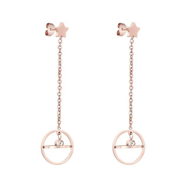 Manufacturer fashion women stud earring star sphere middle crystal link chain long hanging earrings rose gold