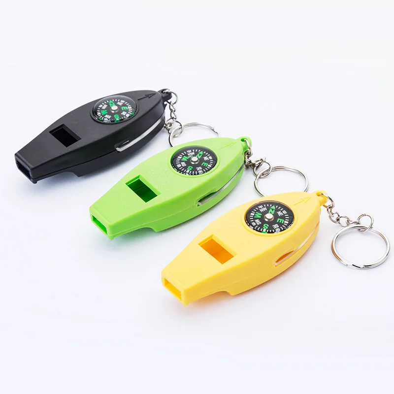 4 in 1 Multifunctional Keychain Compass 20MM Whistle Thermometer and magnifier for Outdoor Sports Promotion Gifts
