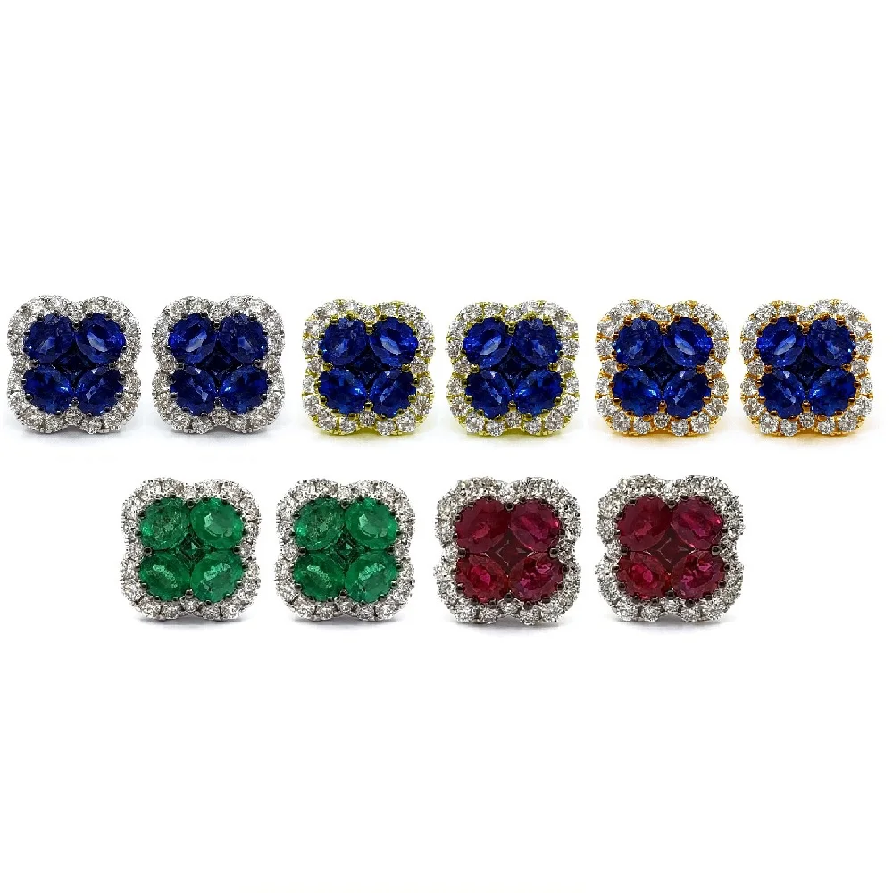 Blue Sapphire Natural Design 18K Solid White Gold Diamond Fine Jewelry Flower Shape Oval Color  Cluster Earring Stud  For Women