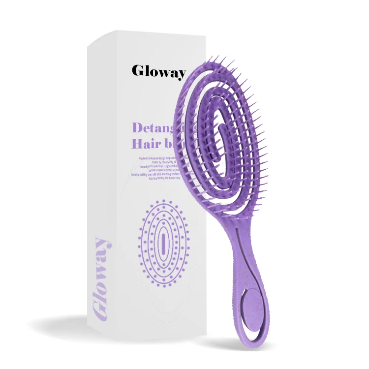 Gloway Oem Biodegradable Eco-Friendly Wheat Straw Hairbrush Curved Curly Anti Static Detangling Hair Brush for Curly Hair Brush
