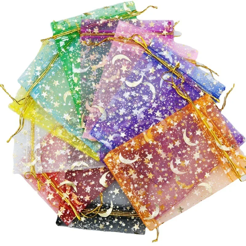 13*18cm Gold Star and Moon Small Clear Package Mesh Jewelry Eco Drawstring Bags Organza Pouches In bulk Christmas Gift bags