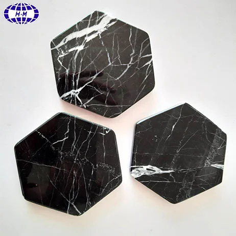 Polished hexagon shape black marquina marble coasters wholesale