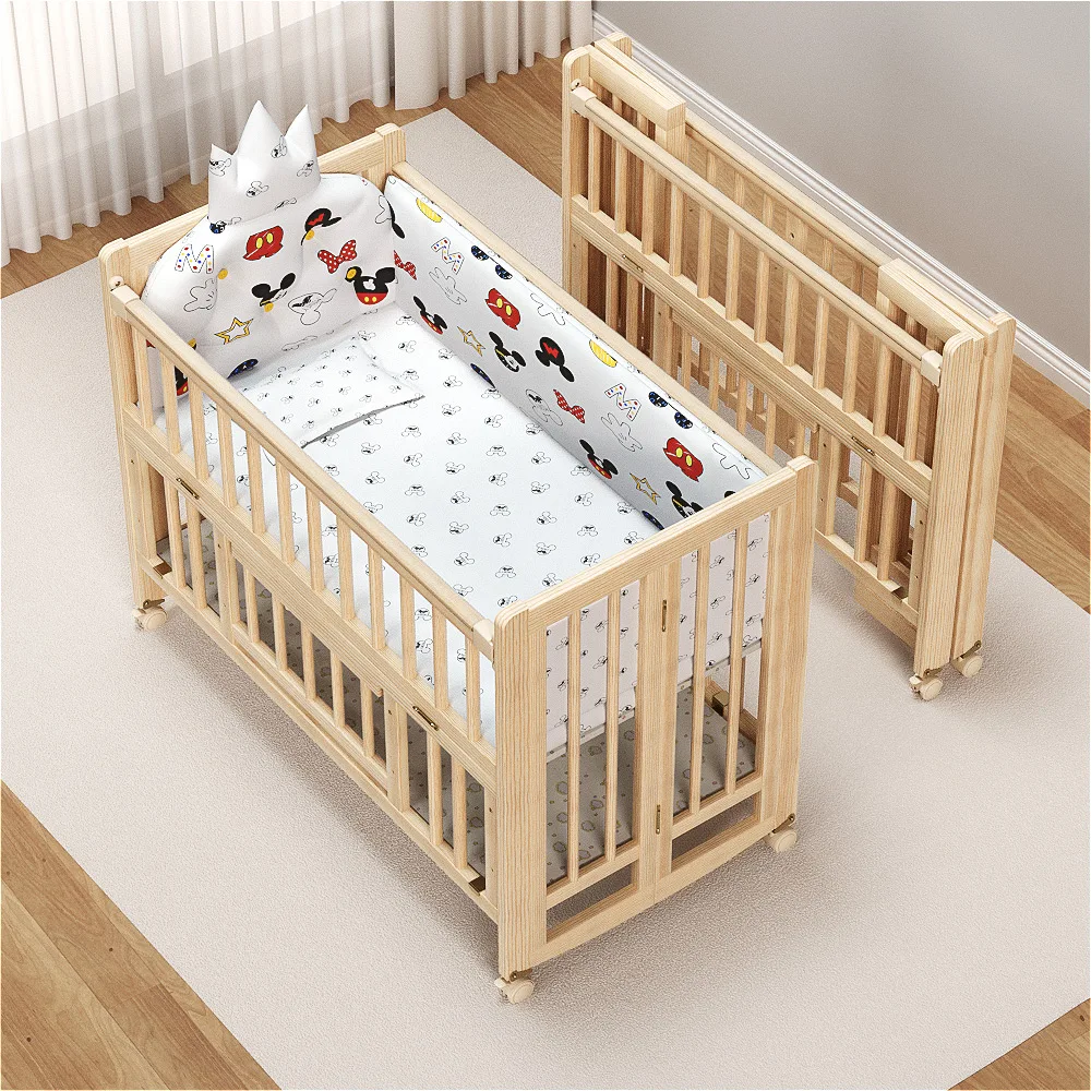 Unpainted Lightweight Foldable Wooden Toddler Children Beds Baby Swing Bed Cot Crib with Wheels For 0-6 Years Old