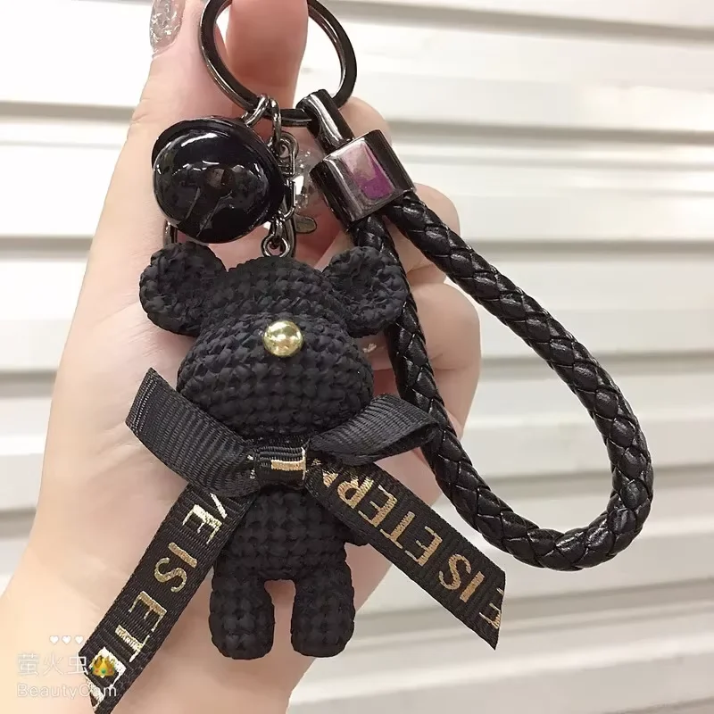 Wholesale Cute Bear Key Chain Resin Bow Bell Rabbit Keychain Car Key Ring For Girls Gift Weaving Fashion Doll Bag Keychain