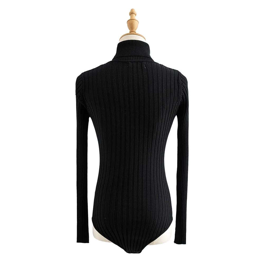 Wholesale Ladies Clothing Pure Color Long Sleeve Ribbed High Neck Bodysuit Women