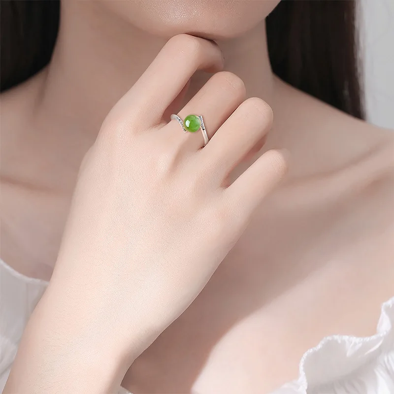 Natural Hetian jade Jasper spinach green round bead jade ring S925 silver inlaid ladies ring fashion ring adjustable D633
