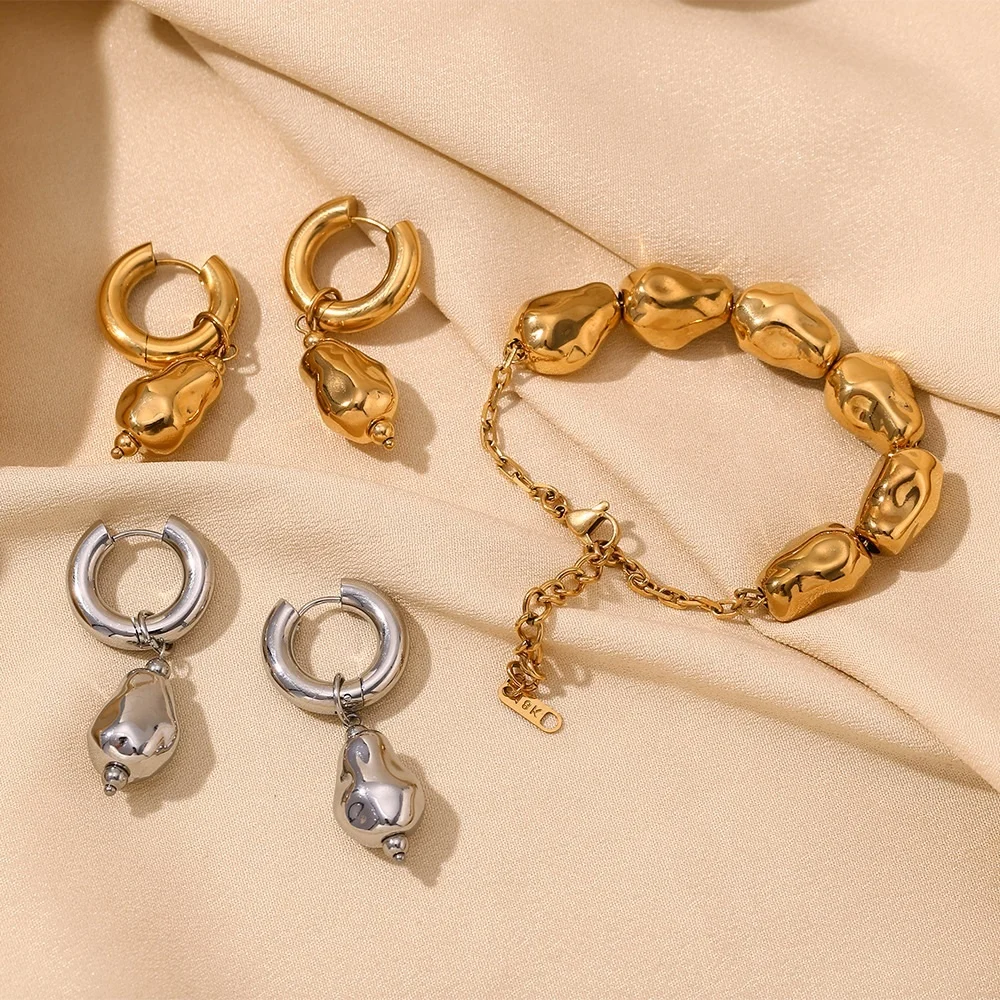 European and American Stainless Steel 18k Gold Irregular Smooth Iron Bead Bracelet, Anti Allergic and Non Fading Earring Jewelry