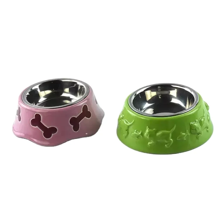 Wholesale cute printed pet bowls Custom ceramic cat bowls feed removable feeding with stainless steel bowls
