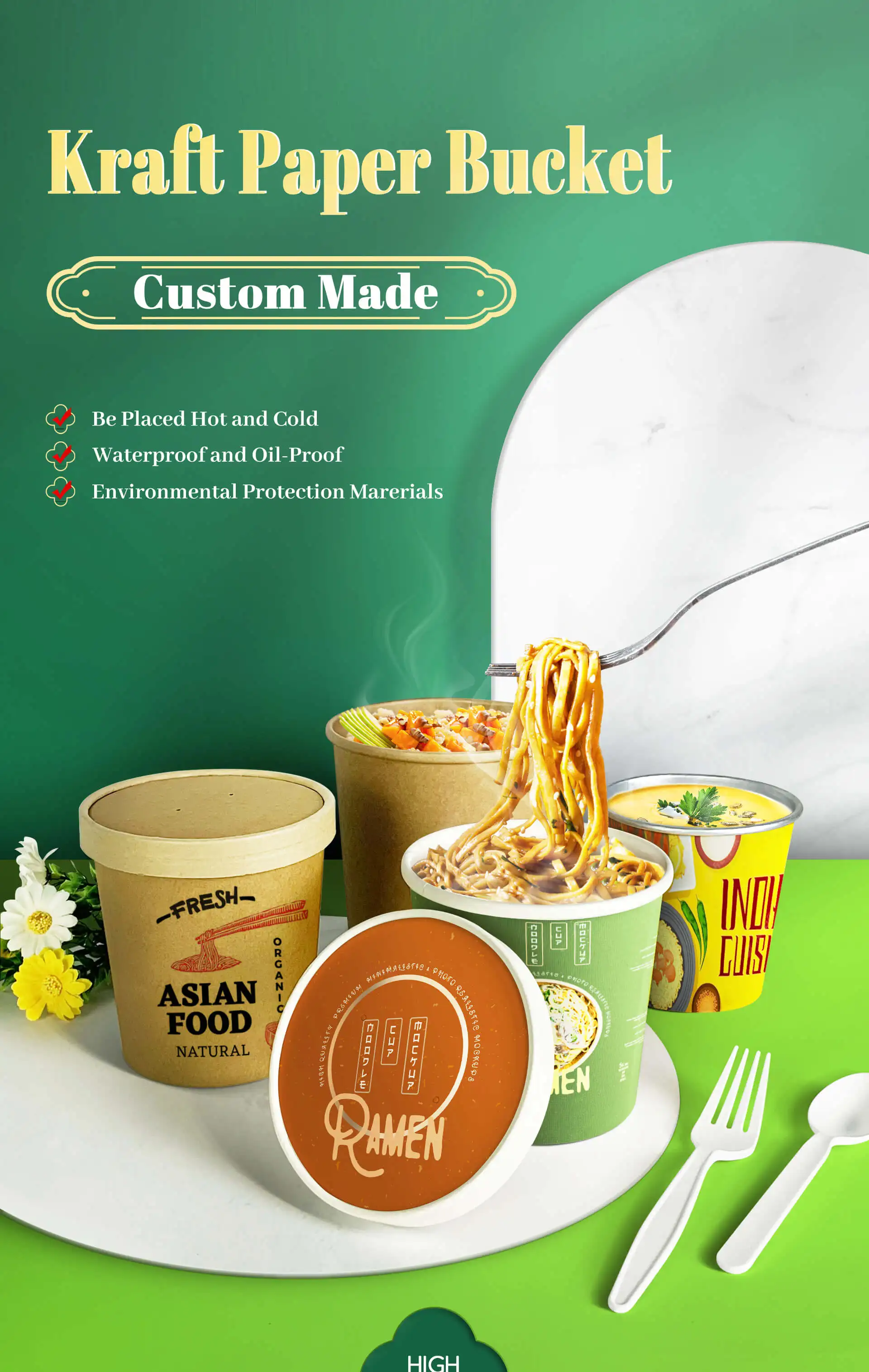 Eco Friendly Disposable Microwave Brown Thickening Round Tube Hot Soup Noodle Storage Paper Bowl Soup Cup With Lid  