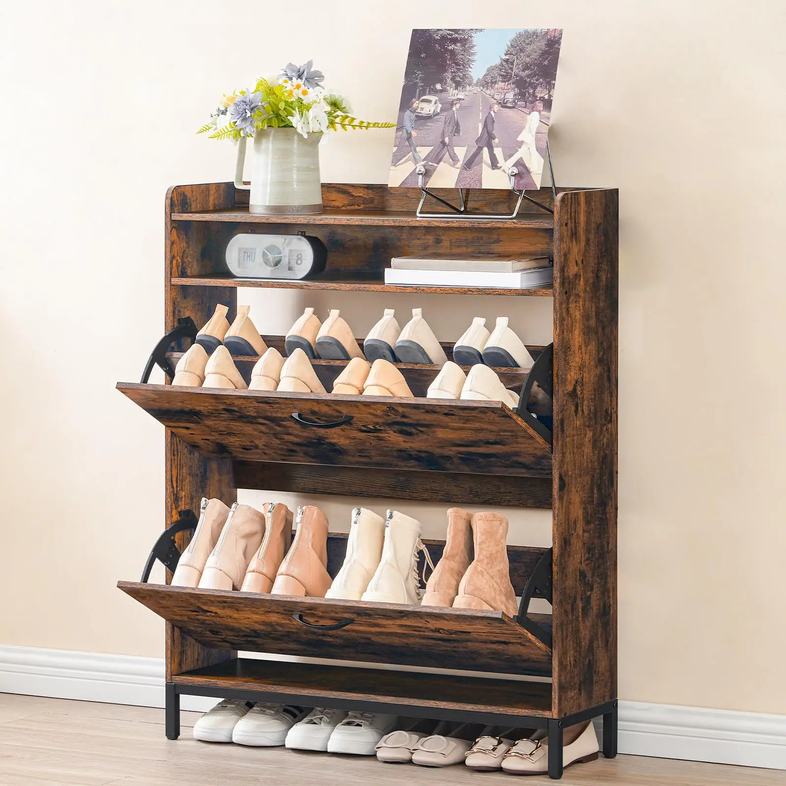 2024 New Farmhouse Style Freestanding Shoe Storage Organizer Cabinet Shoe Cabinet with 2 Flip Drawers Open Shelves for Entryway