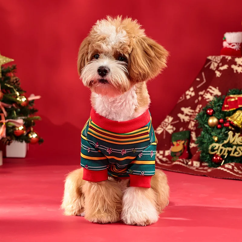 2024 Christmas Clothes for Dog Costume Pet Dog Hoodie Winter Warm dress  Stripe Pattern Fashion Pet Cloth