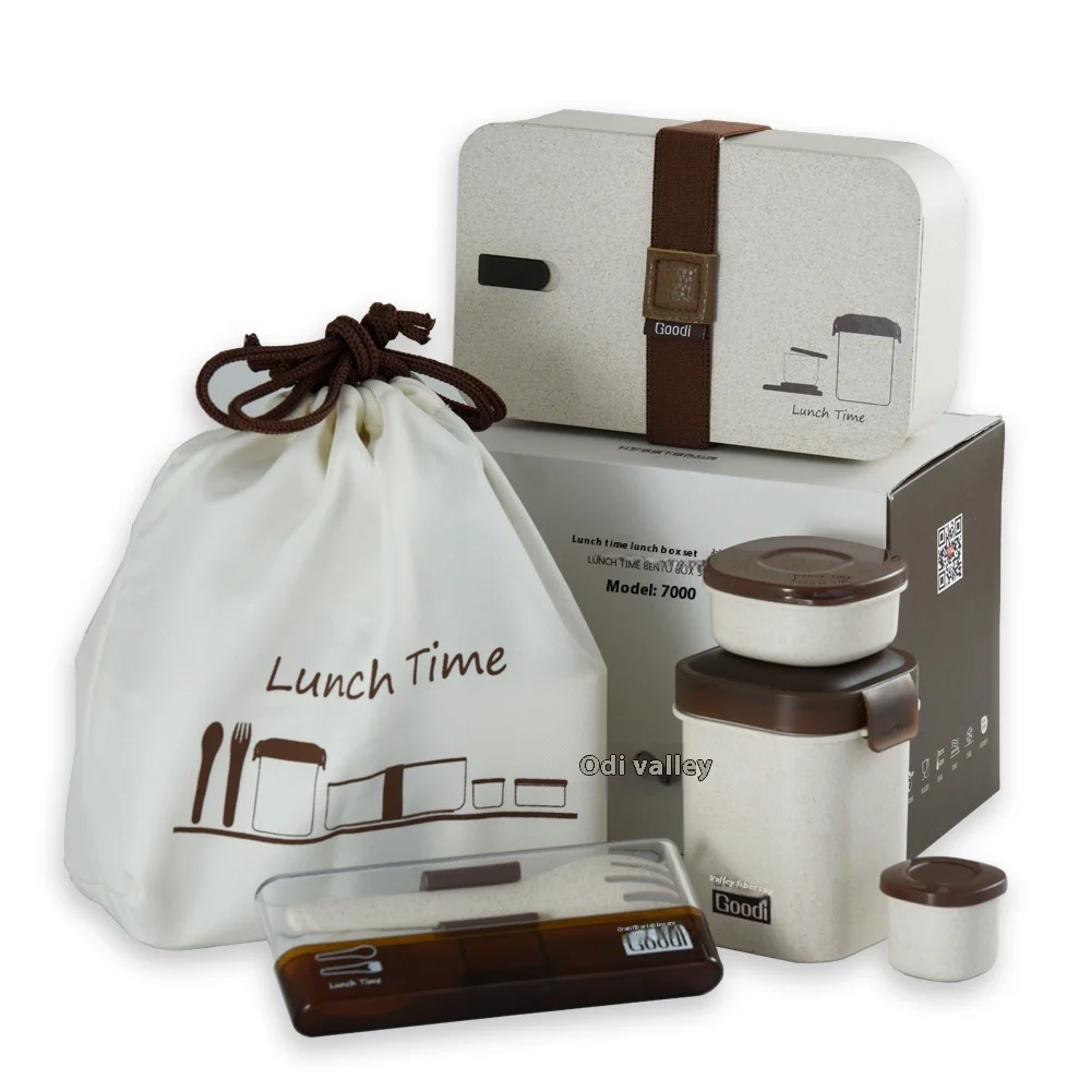 Healthy Rice Fiber Wheat Straw Bento Lunch Box Microwaveable Grids Student Lunch Container Personalized Gift Suit