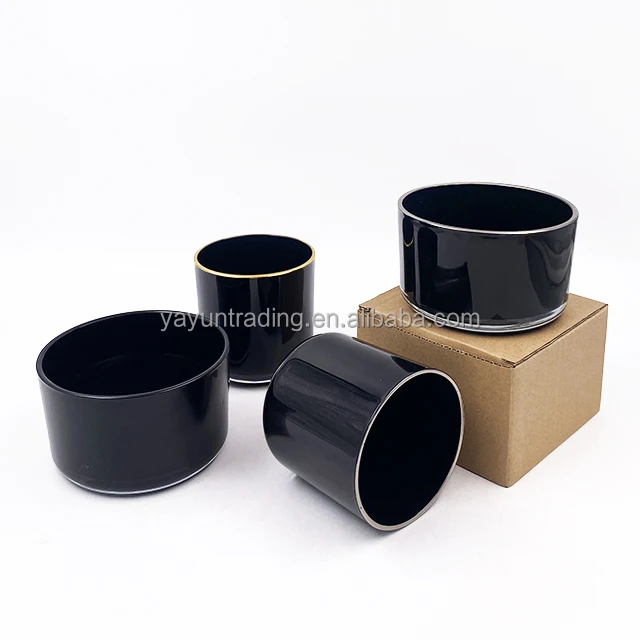 Large size 16oz 21oz matte shiny black glass candle vessels custom candle container jar for 3 wicks with gold silver rim