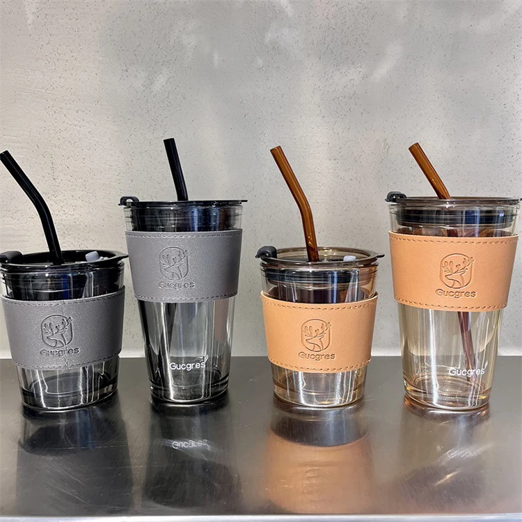 Hot selling Leather Protective Sleeve Glass Cup 450ml Glass Tumbler Sleeve Coffee Cup with Straw and Lid
