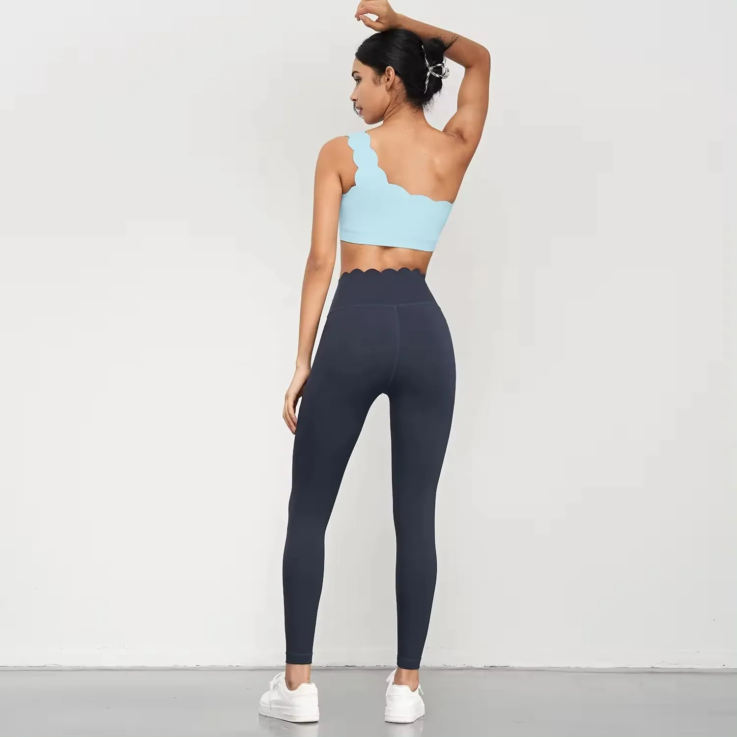 Scallop Shape 2 Pieces Set Yoga Leggings One Shoulder Gym Bras Fitness Sport Sets