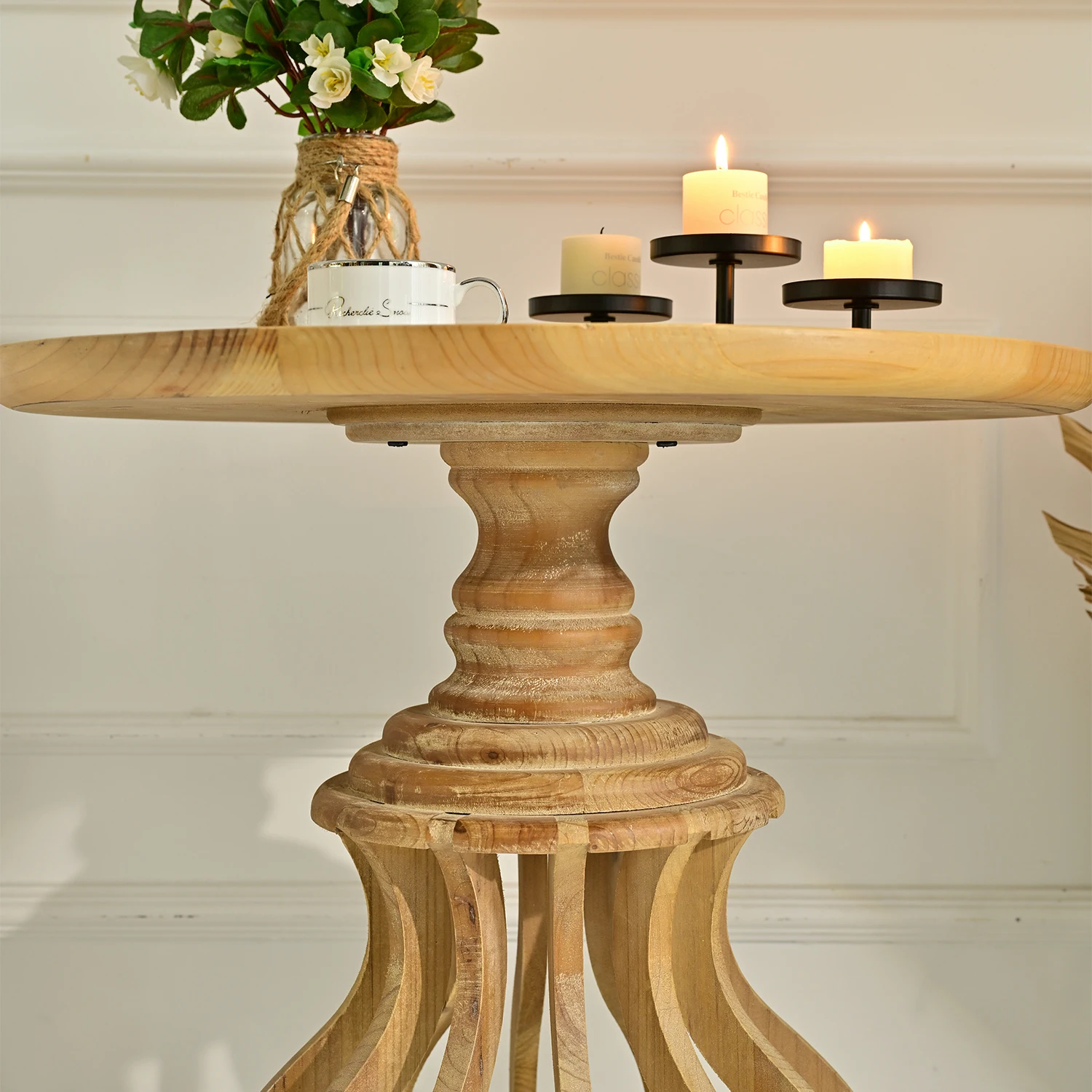 INNOVA Home farmhouse natural style round solid wood living room side coffee table