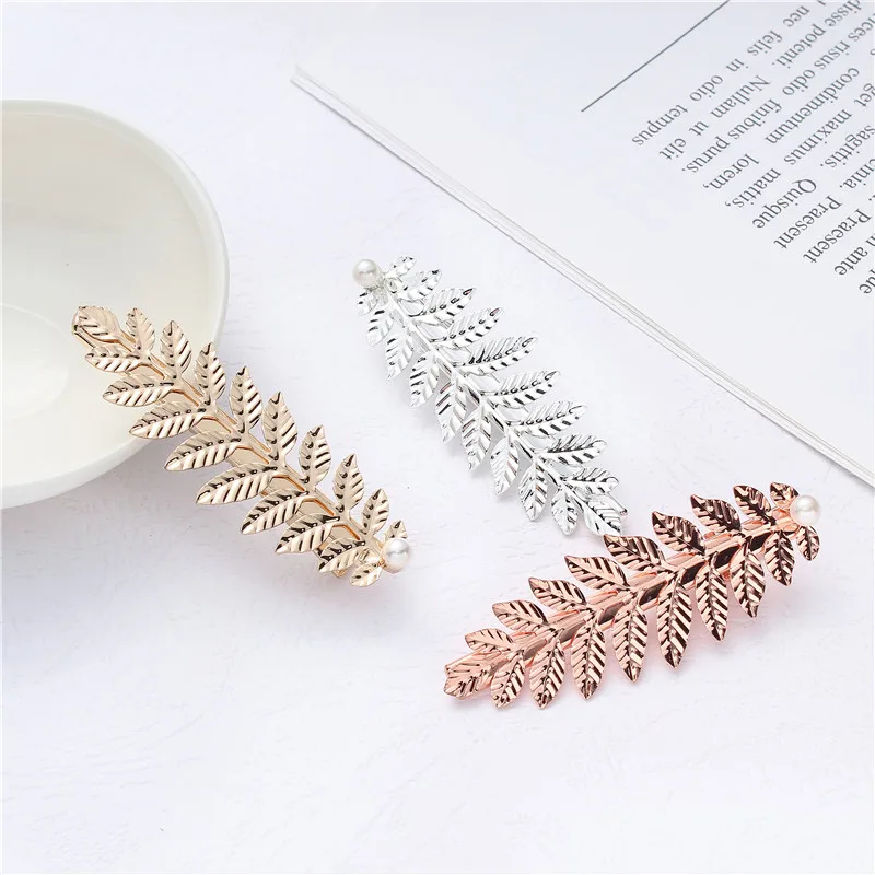 FJ002 Cheap Wholesale Creative New Pearl Crystal Duck Bill Clip Hairpin Leaf Hair Accessories Bobby Pin