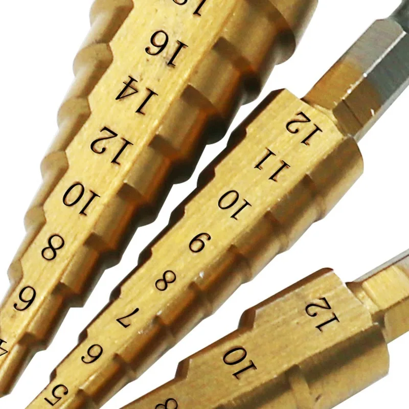 3pcs metric hexagonal handle pagoda drill bit, metal drilling bit, titanium plated high-speed steel step drill bit