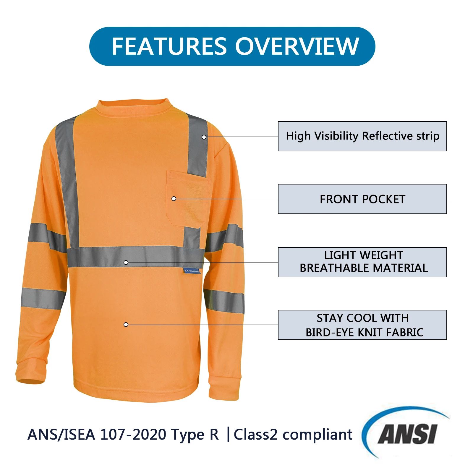 LX Stock Long Sleeve Hi Vis Reflective Shirt Orange Safety Polo T Shirt Low MOQ Custom Logo Safety Shirt