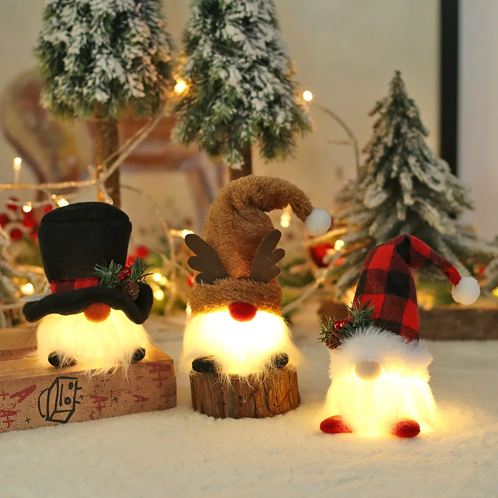 New Luminescent Christmas Buffalo Plaid Top Hat Elk Lighted Gnomes  Christmas Tree Hanging Pendant Plush Dolls Dwarf Ornaments