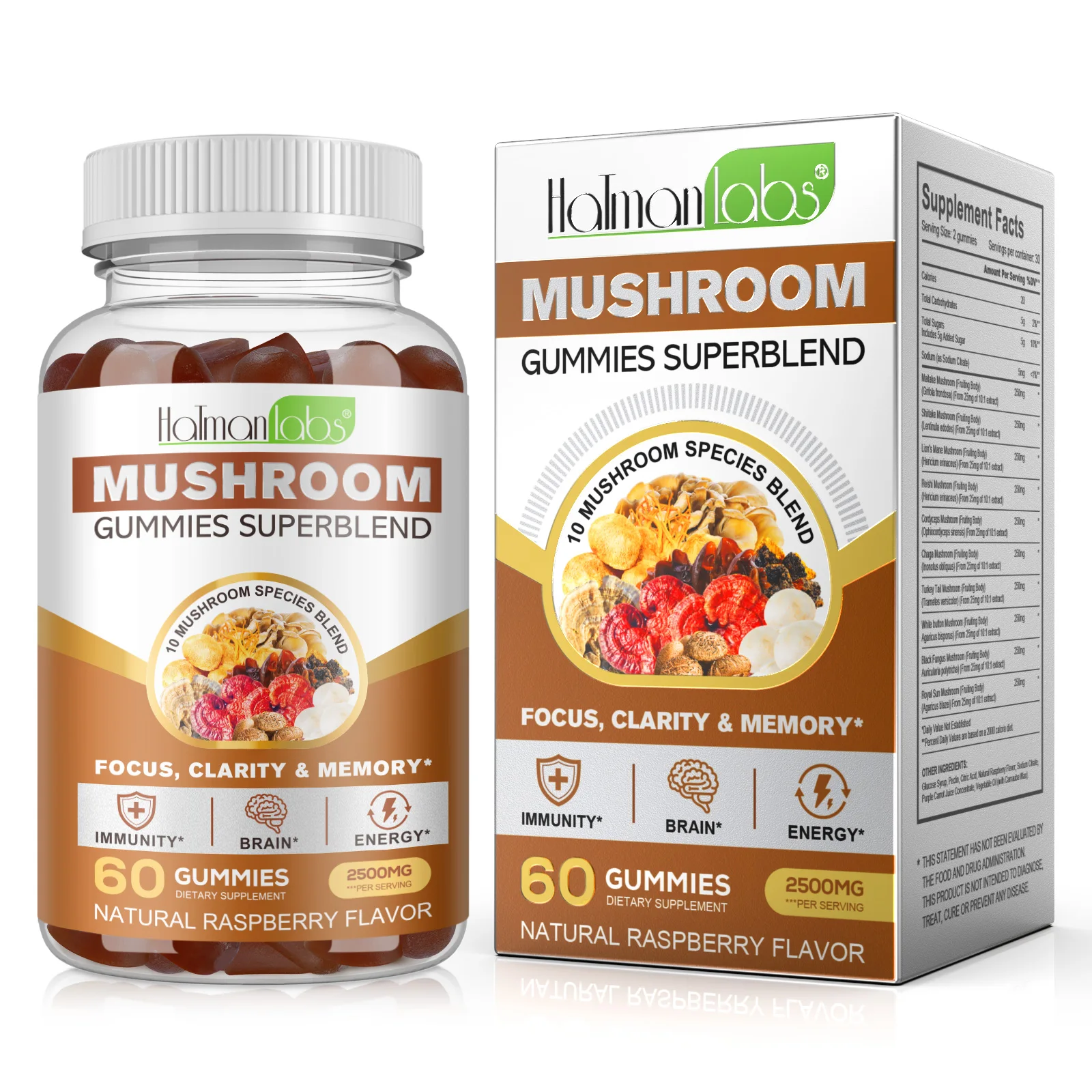 Hatmanlabs immune support nootropic energy daily gummies mushroom organic mushroom supplements lions mane mushroom gummies