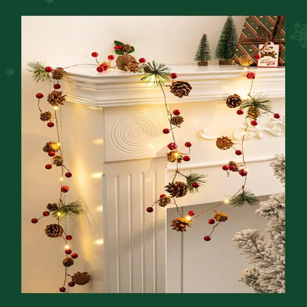 Tsinye LED Christmas Pinecone Lights Total Red Berry Pine Cone Garland with Lights for Home Indoor Christmas Decorations