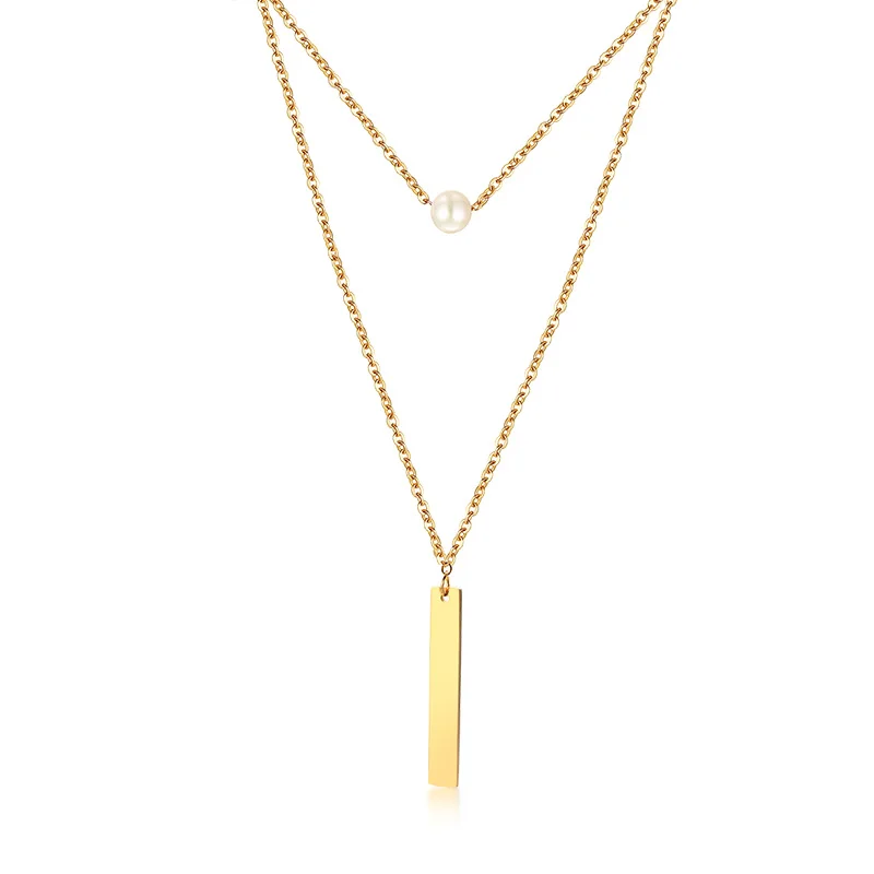 Artificial Pearl Gold ID Bar Multilayer Stainless Steel Necklace
