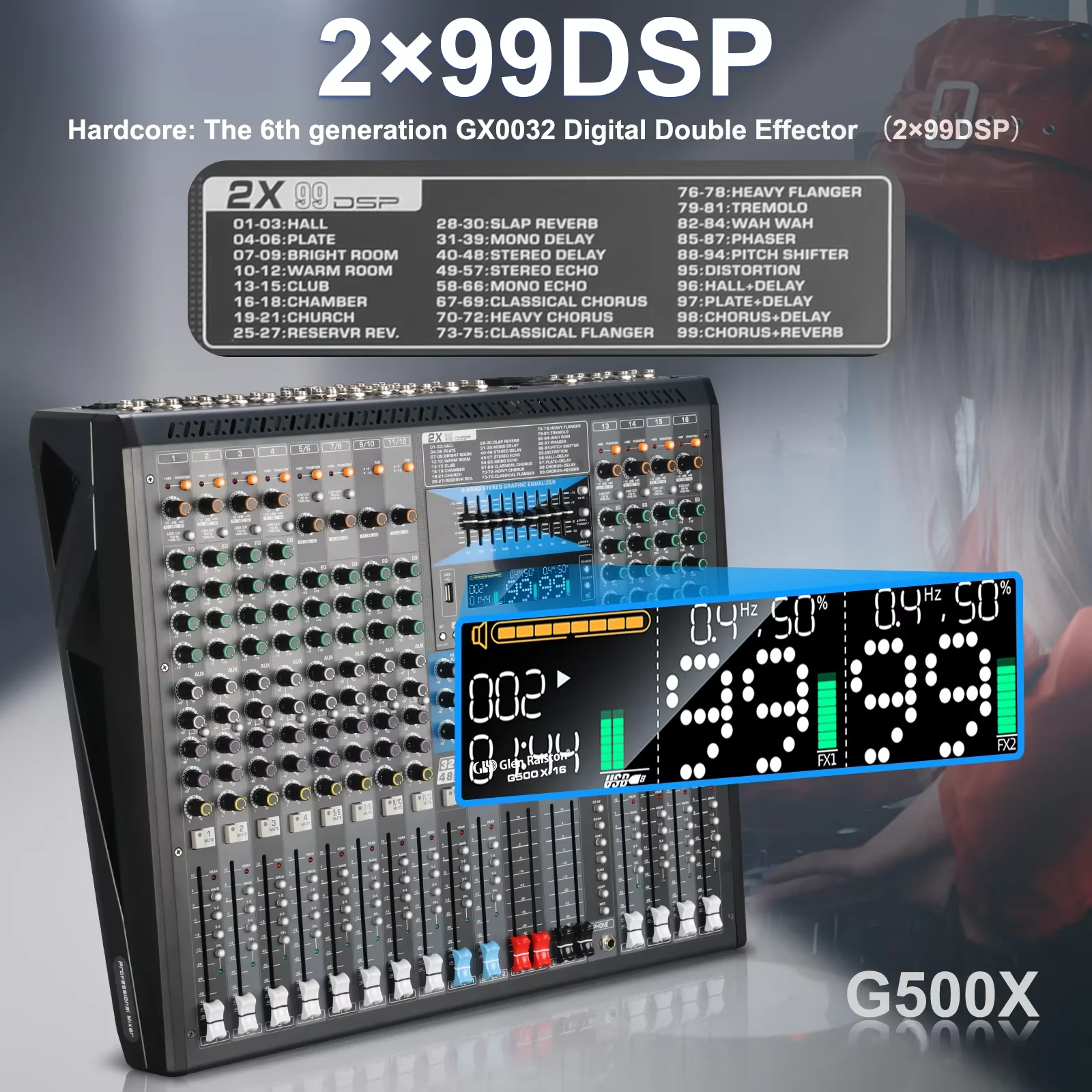 G500X-24 высококачественный 24-канальный двойной 99DSP/Bluetooth/USB аудио эхо звуковая консоль USB цифровая микшерная