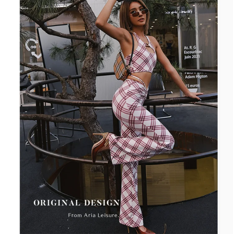 Plaid stripe Gym Wear Set Plaid Styles Yoga Set Advanced Color Outdoor Fitness Workout Sets For Women