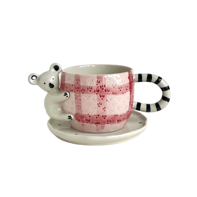 Solhui Creative 3D Koala Ceramic Coffee Mug and Saucer Set Hand Painted Afternoon Tea Cup with Tray for Presents