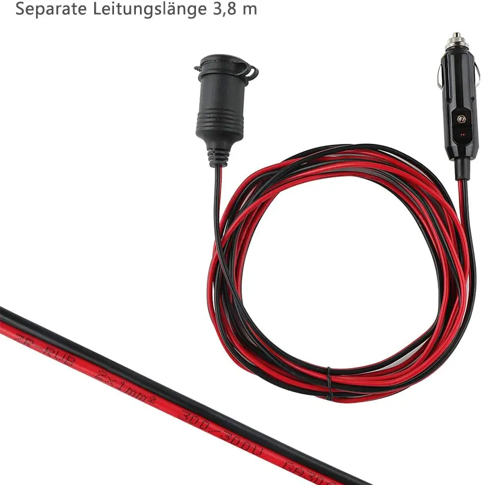 12FT Car Cigarette Lighter Socket Extension Cable 16AWG Male Plug Heavy Duty DC Power Charger Cord with LED Lights w/15A Fuse
