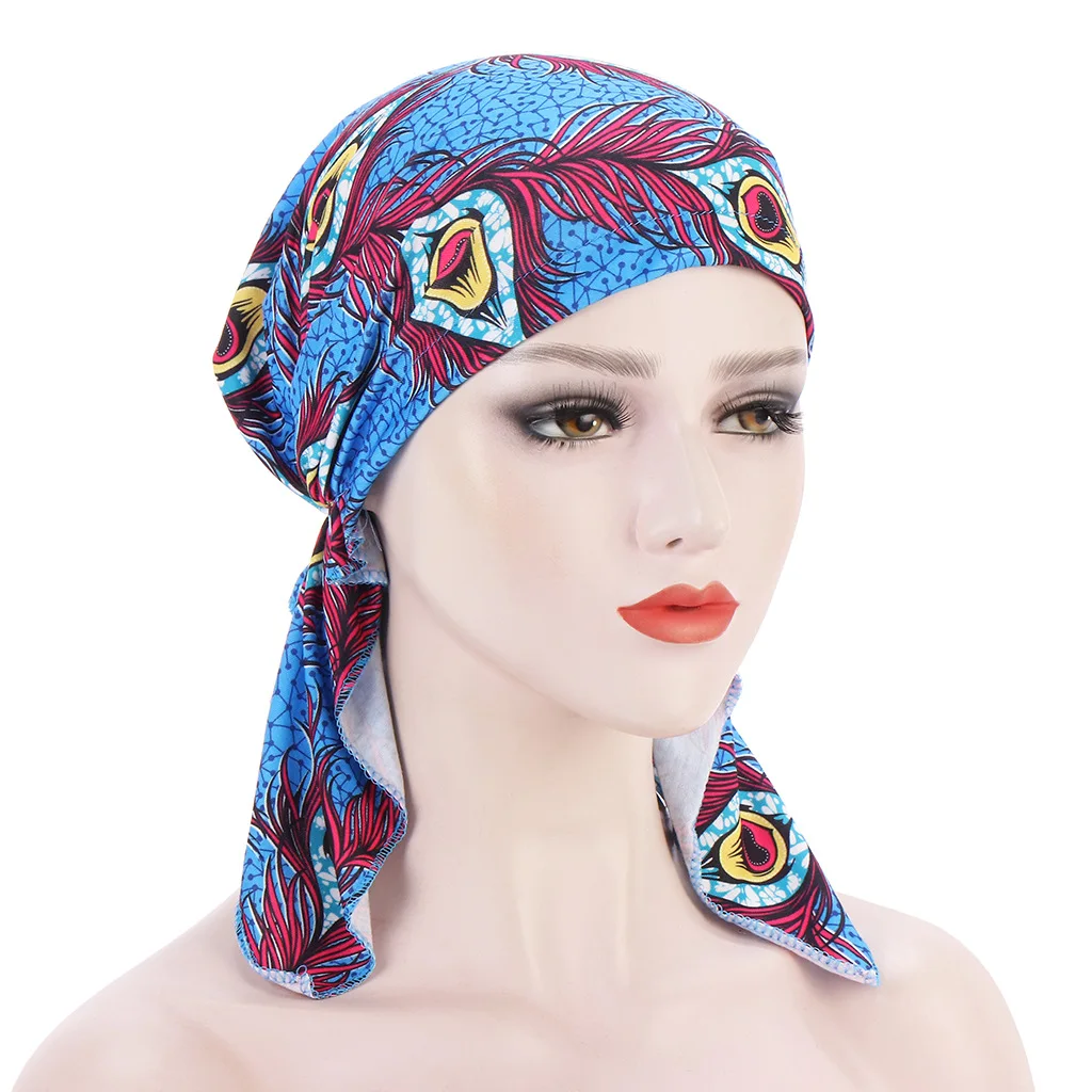 Stretch Muslim Hijab Hat Floral Fabric Curved Cashew Feather Wrap Hat Spring Designer Headscarf For Women