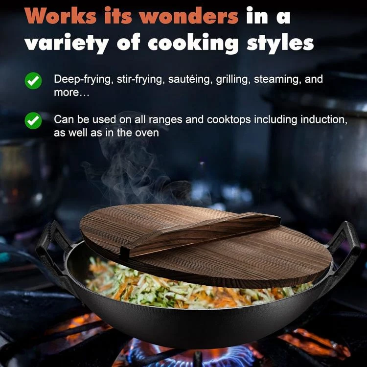 Customized Preseasoned Chinese Non Stick Cast Iron Woks Pan Heavy Duty Cooking Pot Cast Iron Wok With Cover Lid