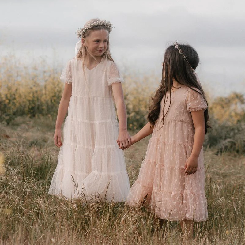 Kids Clothes Children Wear Baby Dresses Custom Lace with Puff Sleeves Summer for Girl Clothes