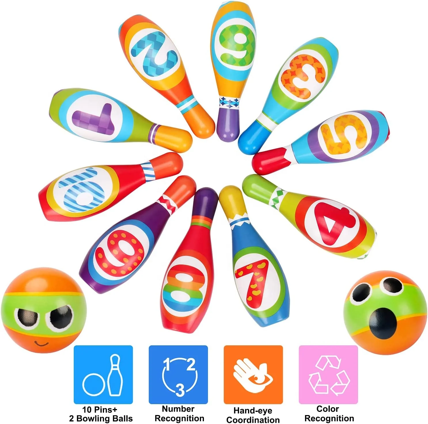 Kids Bowling Toy Set for Toddler 10 Colorful Soft PU Foam Ball Printed with Number Developmental Indoor Outdoor Toy