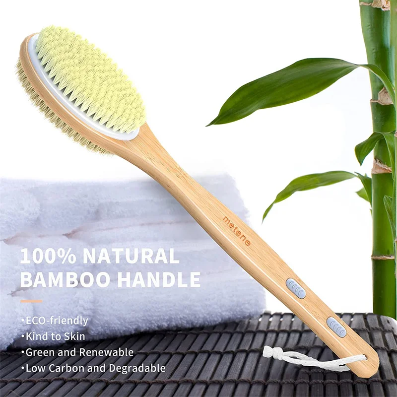 Bamboo Body Brush with Stiff and Soft Natural Bristles, Back Bath Brush for Shower with Long Handle, Dual-sided Brush Head