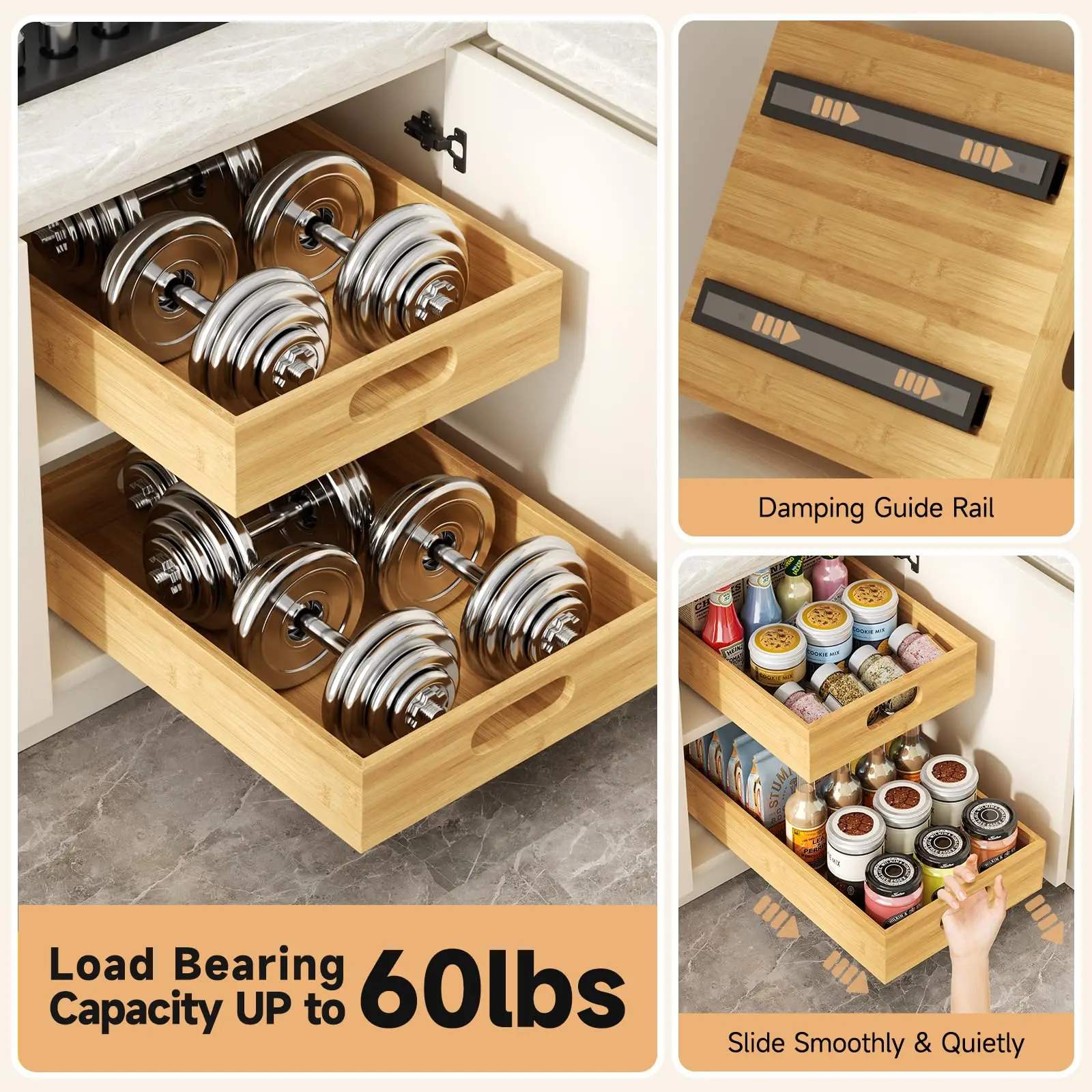 Pull Out Cabinet Organizer, Bamboo Wood Slide Out Drawers for Kitchen Cabinets, Adhesive Nano Film Shelves Drawers for Home